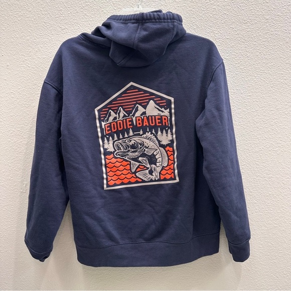 Eddie Bauer Hoodie Mens Size Medium Navy Bass Fish Outdoors Pocket - Picture 5 of 8